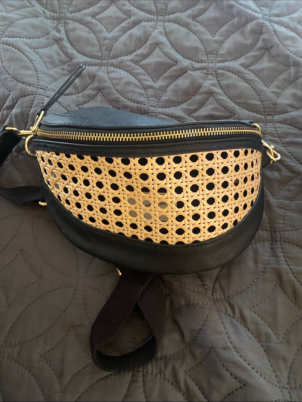 Woven Raffia and Black Leather Crossbody Belt Bag